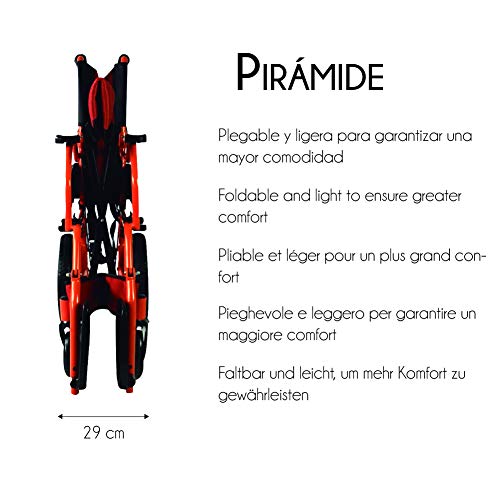 Mobiclinic, Modelo Pirámide, Silla de ruedas ortopédica, asiento de 46 cm, para minuválidos, plegable, de aluminio, freno en manetas, reposapiés, reposabrazos, color naranja
