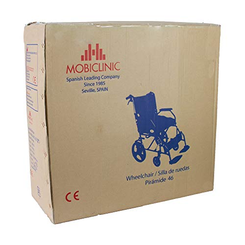 Mobiclinic, Modelo Pirámide, Silla de ruedas ortopédica de tránsito, para minuválidos y ancianos, plegable, aluminio, freno en manetas, reposapiés, reposabrazos, ligera, azul, asiento 46 cm