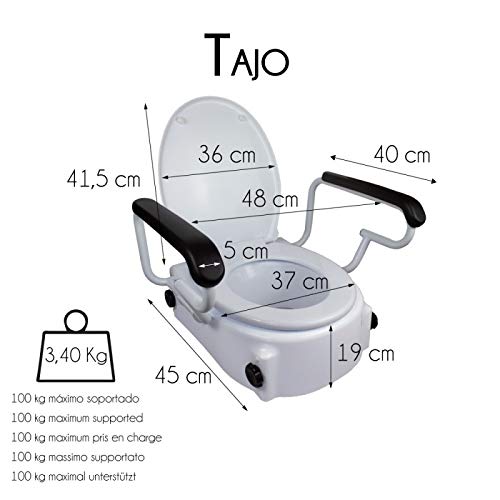 Mobiclinic, Tajo, Elevador WC, Con tapa, 17 cm, Elevador WC para ancianos y discapacitados, Elevador de inodoro, Alzador de baño, Regulable, Inclinable, Reposabrazos abatibles, Blanco