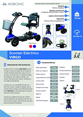Mobiclinic, Virgo, Scooter eléctrico minusválido, personas con movilidad reducida, adultos, discapacitados, 4 ruedas, Desmontable, Manillar plegable, Auton. 10 km, 12V, Azul