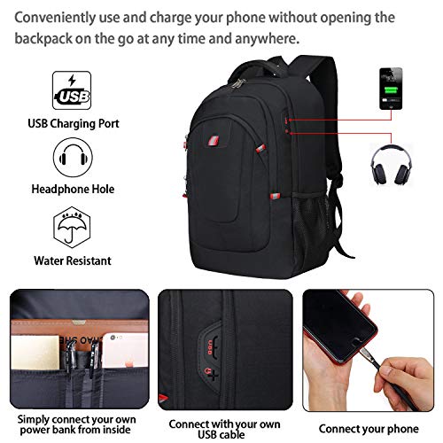 Mochila Antirrobo Impermeable, Mochila Portátil Hombre 17.3 Pulgadas USB Impermeable del Escolar Trabajo Diario Viaje Negocio Multifuncional Daypacks Negro