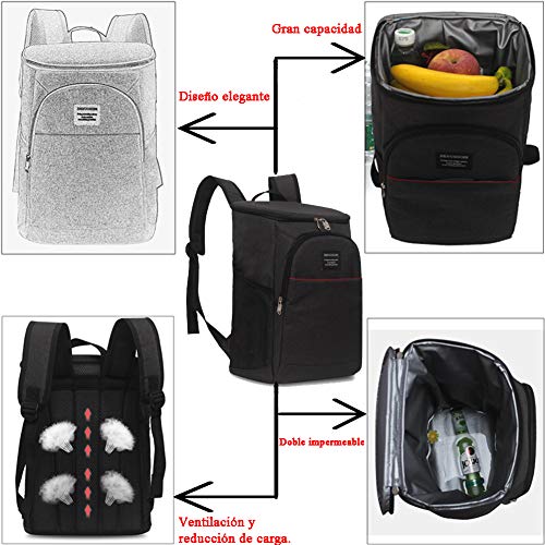 Mochila Picnic con Nevera, Bolsa Térmica y Aislada Guarda Alimentos Gran Capacidad 20L Impermeable Resistente al Fugas Ligero para 4 Personas Acampada Senderismo Playa Parque Unisex-Negro