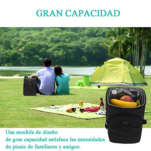 Mochila Picnic con Nevera, Bolsa Térmica y Aislada Guarda Alimentos Gran Capacidad 20L Impermeable Resistente al Fugas Ligero para 4 Personas Acampada Senderismo Playa Parque Unisex-Negro
