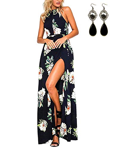 MODETREND Mujer Vestido Largo de Sin Mangas Escotado por Detrás Maxi Vestidos Playa Playero Vacaciones y Coctel Partido Azul M