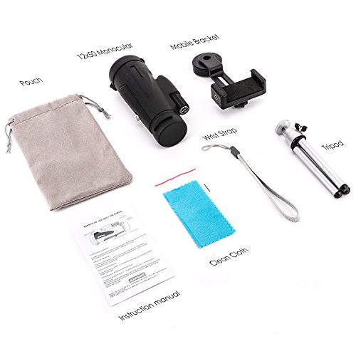 MoKo 12x50 Telescopios Monoculares, Alta Potencia Prisma BAK4 HD Impermeable a Prueba de Niebla y de Choques con Soporte para iPhone XS/XS MAX/XR para Observación de Aves Senderismo Viajes Caza-Negro