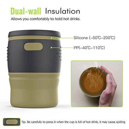MoKo Taza de Viaje Plegable, Taza de Viaje Reutilizable a Prueba de Fugas 350ML con Tapa, Silicona Libre de BPA, Ranura de Almacenamiento para Viajar, Acampar, Escuela, Aire Libre - Beige
