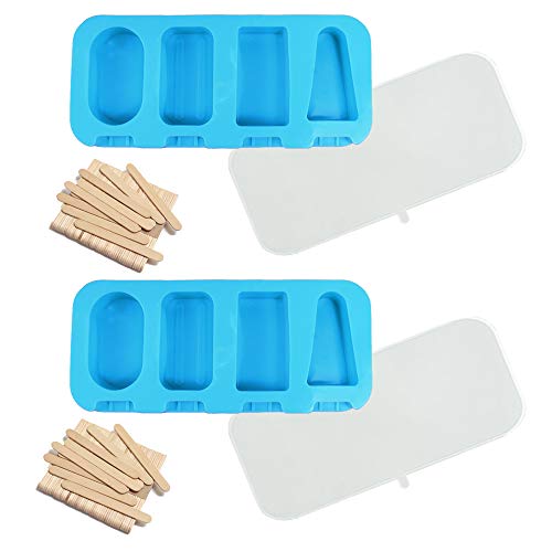 Molde de Helado de Silicona, Molde para paletas de Hielo con 50 palos de madera, Reutilizable Moldes Silicona con Cubierta de sellado, Moldes de Helado de Bricolaje Hechos a Mano Hechos Casa(Azul)