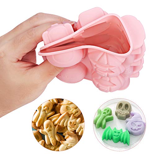 Molde de Silicona de Halloween, Juego de 4 Moldes de Silicona Reposteria, Moldes Silicona para Hacer Tarta, Magdalenas, Bagels, Muffins, Galleta Murciélago Calabaza Fantasma Calaveras Formas