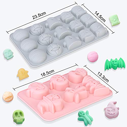 Molde de Silicona de Halloween, Juego de 4 Moldes de Silicona Reposteria, Moldes Silicona para Hacer Tarta, Magdalenas, Bagels, Muffins, Galleta Murciélago Calabaza Fantasma Calaveras Formas