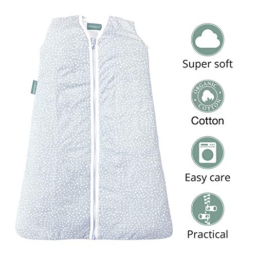 molis&co. Saco de Dormir para bebé 100% algodón orgánico (GOTS). Acolchado. 6 a 18 meses. Ideal para Entretiempo e Invierno. 2.5 TOG. Suave y cálido. Grey Print.
