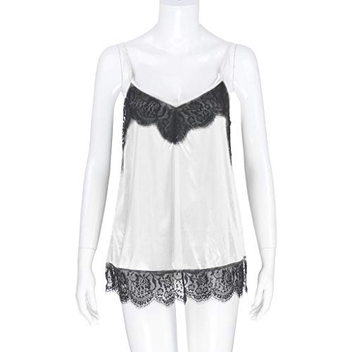 MOMOXI Chaleco para Mujer, Mujeres Seda satén Camisola Liso Tiras Chaleco Blusa sin Mangas Tanque Informal Chaleco Vestir Sexy Encaje de Pestañas sin Mangas y Botón Tops Fiesta Encaje Verano Tirantes