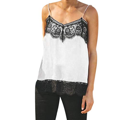 MOMOXI Chaleco para Mujer, Mujeres Seda satén Camisola Liso Tiras Chaleco Blusa sin Mangas Tanque Informal Chaleco Vestir Sexy Encaje de Pestañas sin Mangas y Botón Tops Fiesta Encaje Verano Tirantes