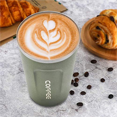 MOMSIV Taza de café, reutilizable al vacío, a prueba de fugas, doble pared, taza de café, té y bebidas frías de acero inoxidable con aislamiento ecológico verde