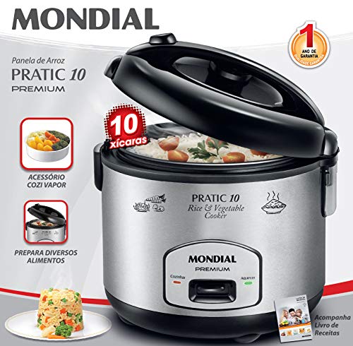 Mondial Practic 10 Olla Eléctrica Arrocera, 700 W, 1.8 litros, Acero Inoxidable, Plata y negro