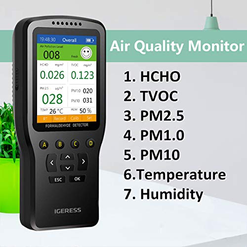 Monitor de calidad del aire, IGERESS medidor detector de contaminación aire interior para formaldehído, VOC, PM2.5, PM1.0, PM10, temperatura y humedad, kit de prueba de aire con pantalla LCD colorida