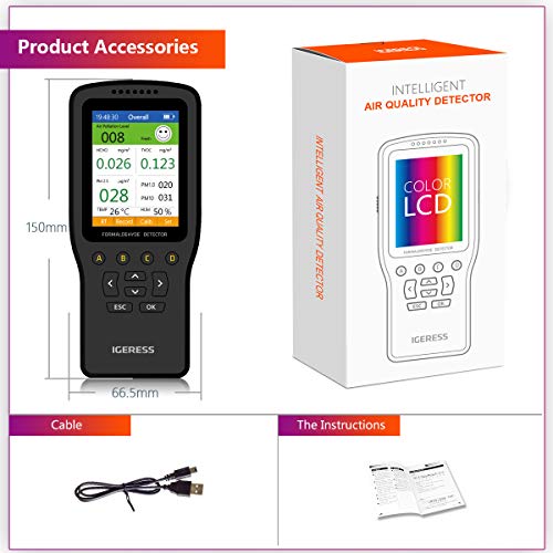 Monitor de calidad del aire, IGERESS medidor detector de contaminación aire interior para formaldehído, VOC, PM2.5, PM1.0, PM10, temperatura y humedad, kit de prueba de aire con pantalla LCD colorida
