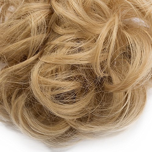 Moño Postizo Rizado con Goma - Fácil de Colocar y Natural - Coletero Peinado Alto Extensiones de Pelo Sintético (30g,Rubio Oscuro a Rubio Ceniza)