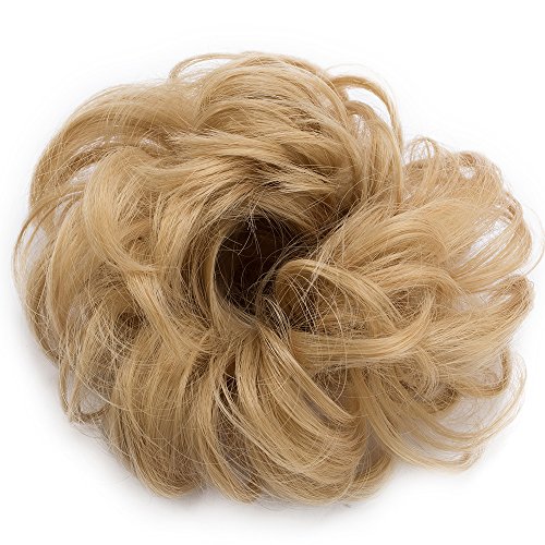 Moño Postizo Rizado con Goma - Fácil de Colocar y Natural - Coletero Peinado Alto Extensiones de Pelo Sintético (30g,Rubio Oscuro a Rubio Ceniza)