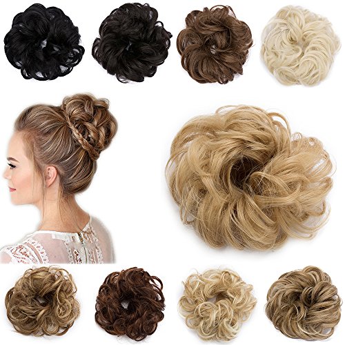 Moño Postizo Rizado con Goma - Fácil de Colocar y Natural - Coletero Peinado Alto Extensiones de Pelo Sintético (30g,Rubio Oscuro a Rubio Ceniza)
