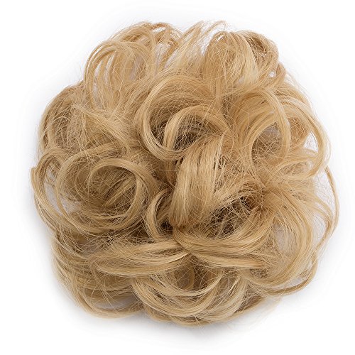 Moño Postizo Rizado con Goma - Fácil de Colocar y Natural - Coletero Peinado Alto Extensiones de Pelo Sintético (30g,Rubio Oscuro a Rubio Ceniza)