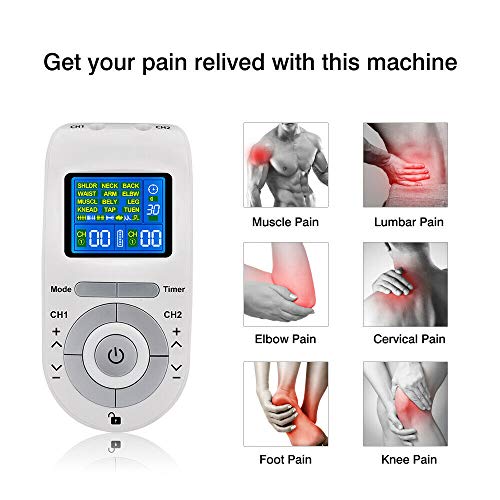 Moonssy Electroestimulador Muscular, Masajeador y estimulador de pulsos TENS/EMS, Reduce Dolor de Espalda, Cuello, Codo, Hombro, Nervio, Pantalla LCD, 2 Canales