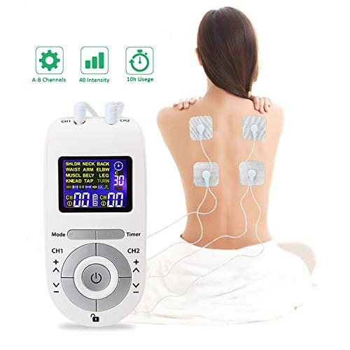 Moonssy Electroestimulador Muscular, Masajeador y estimulador de pulsos TENS/EMS, Reduce Dolor de Espalda, Cuello, Codo, Hombro, Nervio, Pantalla LCD, 2 Canales