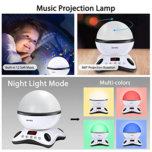 Moredig Lámpara Proyector Estrellas, 360° Rotación Músic Lampara con Temporizador led Pantalla y Control Remoto, 8 Modos Romántica luz de la Noche, Perfecto Regalo para Bebés (Negro)