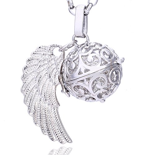 Morella Collar ángel de la Guarda de Acero Inoxidable 70 cm con Colgante alas de ángel y Bola de resonancia de circonita de Color Blanco Ø 16 mm para Damas en Bolsa para Joyas