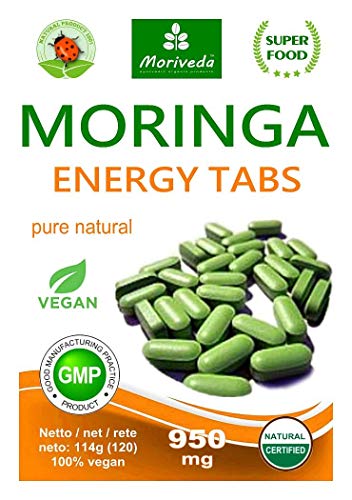 Moringa Energia Tabs 950mg o Moringa cápsulas 600mg - Oleifera, vegetariano, Producto de calidad de MoriVeda (360 tabs)