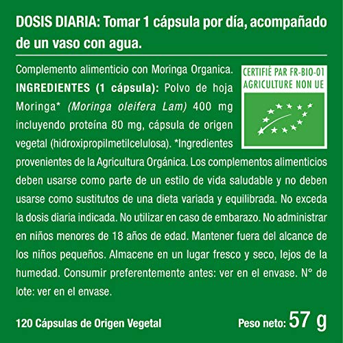Moringa Oleifera Bio 120 Cápsulas | Superfood Antioxidante Natural Sistema Inmunológico Energía Proteina Vegetal | 400 mg Polvo de Moringa Apto para Veganos | Fabricado en Francia