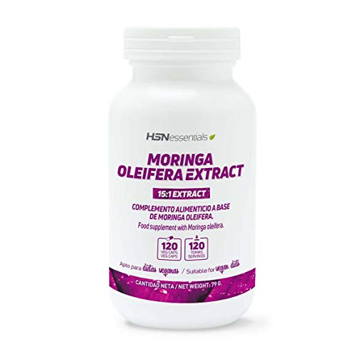 Moringa Oleifera Cápsulas de HSN Essentials | 500mg por servicio | Extracto Herbal 15:1 Con 10% Saponinas | Nutrición para la Dieta Vegana | Sin Gluten, Sin Lactosa | 120 cápsulas vegetales