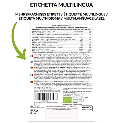 Moringa Oleifera Ecológica en Polvo [Calidad Premium] de 200g. Moringa Powder Organica, 100% Bio, Natural y Pura. Hojas Recogidas de la Planta de Moringa Oleífera. NaturaleBio