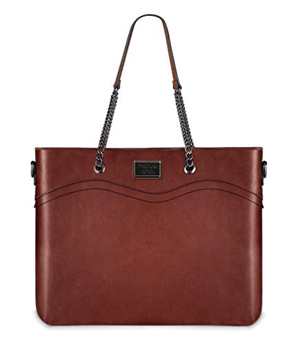 MOSISO Tote Bolsa para Mujer (Hasta 15.6 Pulgadas),Cuero de PU Calidad Trabajo de Negocio Compras Hombro Boutique Muñequera Monederos Bolso Maletín con Compartimiento Múltiple & Mango de Cadena,Marrón