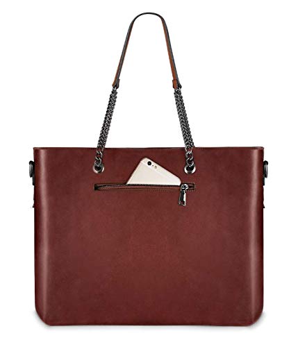 MOSISO Tote Bolsa para Mujer (Hasta 15.6 Pulgadas),Cuero de PU Calidad Trabajo de Negocio Compras Hombro Boutique Muñequera Monederos Bolso Maletín con Compartimiento Múltiple & Mango de Cadena,Marrón