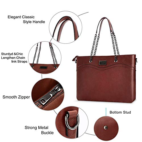 MOSISO Tote Bolsa para Mujer (Hasta 15.6 Pulgadas),Cuero de PU Calidad Trabajo de Negocio Compras Hombro Boutique Muñequera Monederos Bolso Maletín con Compartimiento Múltiple & Mango de Cadena,Marrón