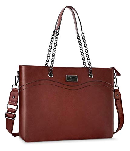 MOSISO Tote Bolsa para Mujer (Hasta 15.6 Pulgadas),Cuero de PU Calidad Trabajo de Negocio Compras Hombro Boutique Muñequera Monederos Bolso Maletín con Compartimiento Múltiple & Mango de Cadena,Marrón