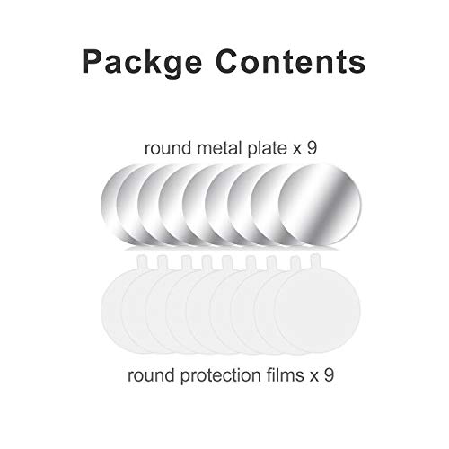 MOSUO 9 Piezas Láminas Metálicas (9 Redondas) Muy Finas Placas Metálicas con 3M Adhesivo para Soporte Movil Coche Magnético/Iman para Movil Coche y Otros Productos de imán - Plata