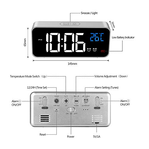 MOSUO Reloj Despertador Digital, LED Despertador Electrónicos Espejo con Temperatura y 2 Alarma, Snooze, Sonido y Brillos Regulable, Carga USB para Dormitorio, Oficina, Plata