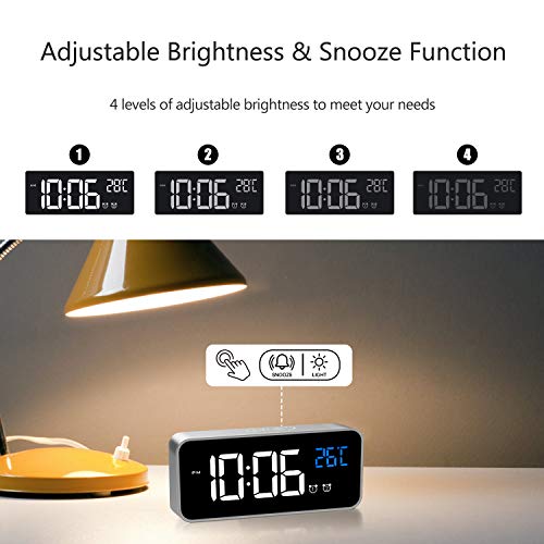 MOSUO Reloj Despertador Digital, LED Despertador Electrónicos Espejo con Temperatura y 2 Alarma, Snooze, Sonido y Brillos Regulable, Carga USB para Dormitorio, Oficina, Plata