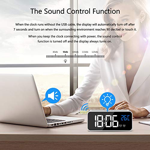 MOSUO Reloj Despertador Digital, LED Despertador Electrónicos Espejo con Temperatura y 2 Alarma, Snooze, Sonido y Brillos Regulable, Carga USB para Dormitorio, Oficina, Plata