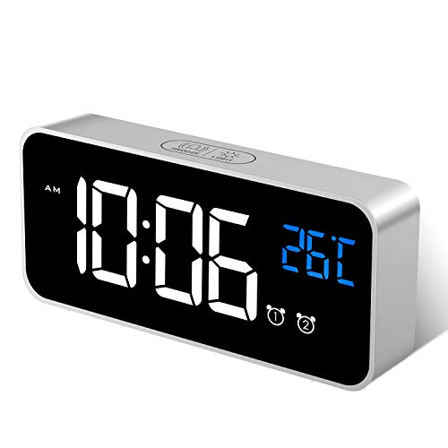 MOSUO Reloj Despertador Digital, LED Despertador Electrónicos Espejo con Temperatura y 2 Alarma, Snooze, Sonido y Brillos Regulable, Carga USB para Dormitorio, Oficina, Plata
