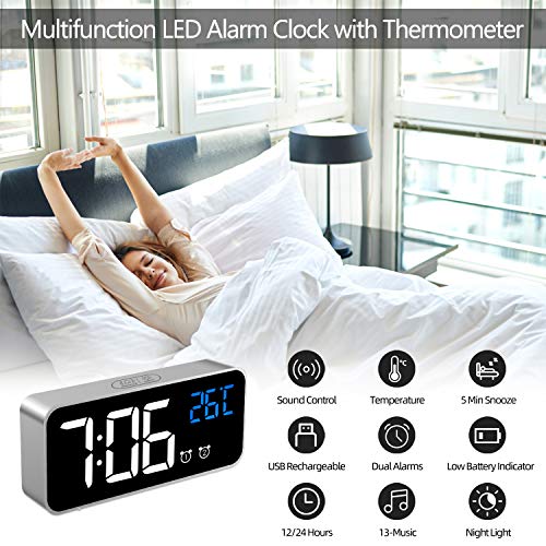 MOSUO Reloj Despertador Digital, LED Despertador Electrónicos Espejo con Temperatura y 2 Alarma, Snooze, Sonido y Brillos Regulable, Carga USB para Dormitorio, Oficina, Plata