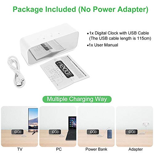 MOSUO Reloj Despertador Digital, USB Recargable Reloj Alarma Electrónico Pantalla LED Espejo con 2 Alarma y Snooze, Grabación, 3 Volúmenes y 3 Brillo Ajustable, Clock para Dormitorio Oficina, Blanco