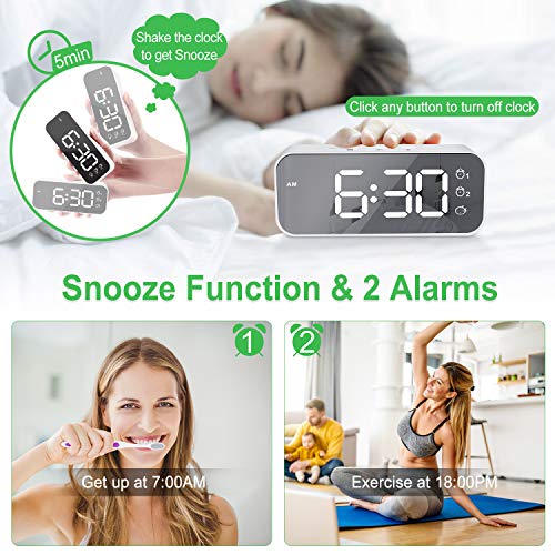 MOSUO Reloj Despertador Digital, USB Recargable Reloj Alarma Electrónico Pantalla LED Espejo con 2 Alarma y Snooze, Grabación, 3 Volúmenes y 3 Brillo Ajustable, Clock para Dormitorio Oficina, Blanco