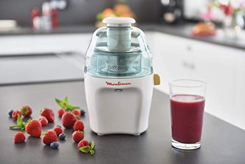 Moulinex Vitae JU200045 - Licuadoras para Verduras y Frutas, 200 W, Velocidad 12.800 rpm, Tapa y Contenedor Pulpa Transparente, Extractor de Jugos con Filtro de Inoxidable Compatible Lavavajillas