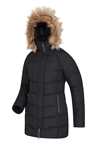 Mountain Warehouse Chaqueta Abajo para Mujer Isla II - Sudadera con Capucha de Piel, Dos Bolsillos con Cremallera, Abrigo de Invierno Impermeable Negro 42