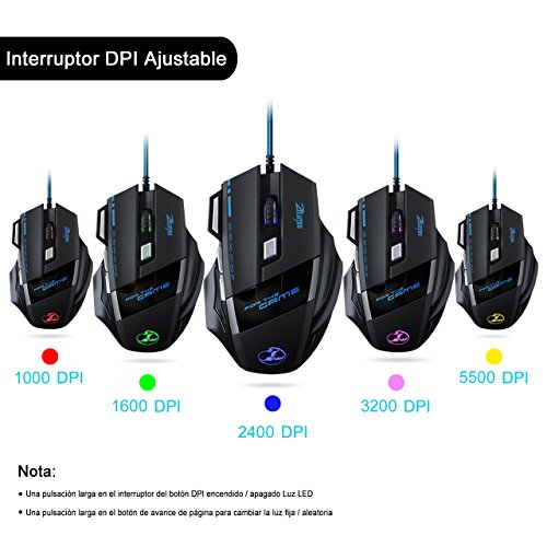 Mouse para jugador Patuoxun® 3200 DPI Wired LED, de 7 botones para Laptop, PC, color negro 5500 DPI 7 Button USB Mouse