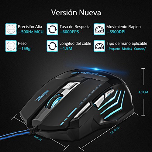 Mouse para jugador Patuoxun® 3200 DPI Wired LED, de 7 botones para Laptop, PC, color negro 5500 DPI 7 Button USB Mouse