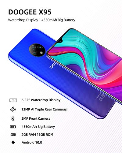 Moviles Libres 4G, DOOGEE X95 Android 10 Smartphone Libre, Pantalla 6,52 Pulgadas, 4350mAh Batería, Smartphone Dual SIM, Triple Cámara 13MP+5MP, 16GB ROM, 128GB SD, Face ID - Azul