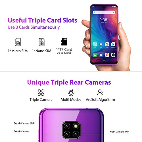 Moviles Libres 4G Ulefone Note 7P, Waterdrop 6.1 Pantalla, 3Go+32Go Quad-Core Android 9.0, Smartphone Libre 2019 Cámara Trasera Triple y Ranura Triple, Face ID et Fingerprint 3500mAh OTG (Morado)